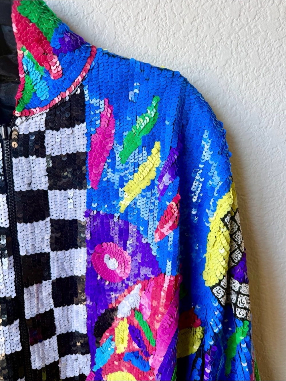 Vintage Gantos Sequin Abstract Checkered Bomber Jacket - Multicolor XXL - Picture 6 of 16